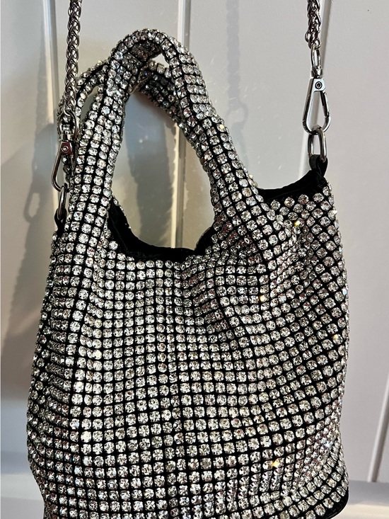 None Handbags - Crystal Mesh Shoulder Bag - Black and Silver Rhinestone Accent